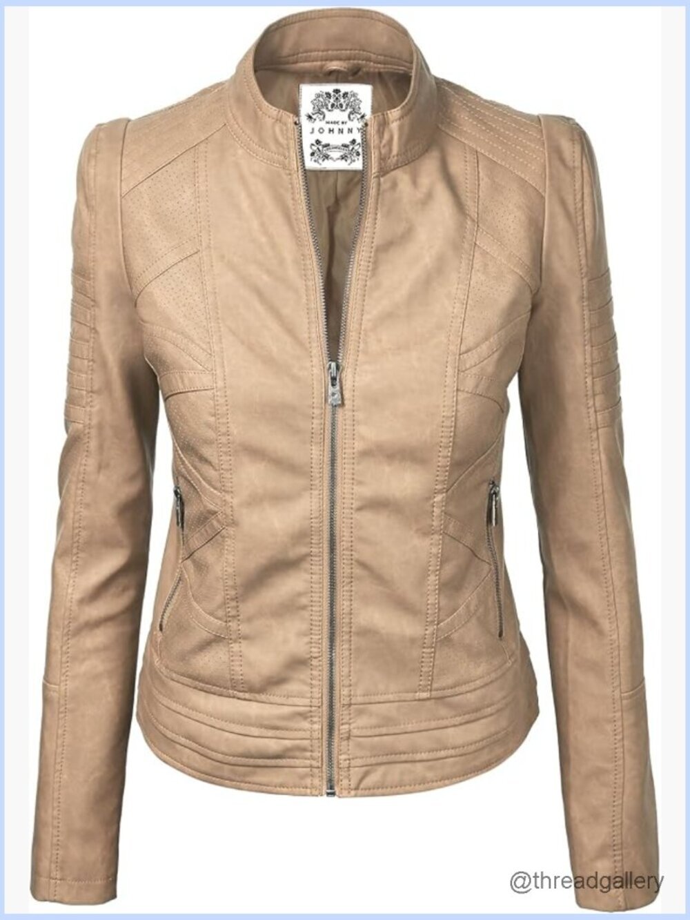 Faux Leather Zip Up Moto Biker Jacket with Stitching Detail